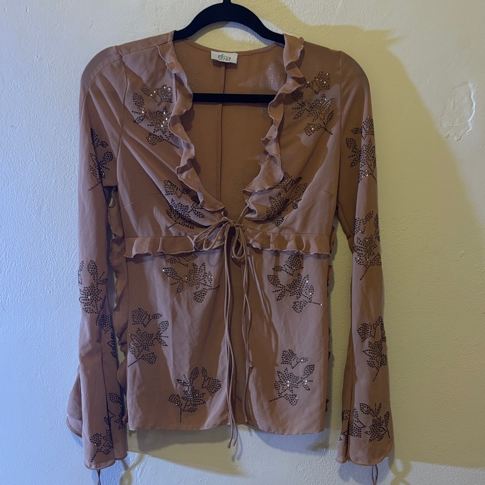 Oh Polly Tan Ruffled Blouse with Floral Details
